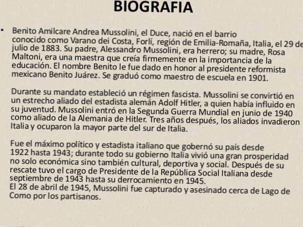 BIOGRAFÍA DE BENITO MUSSOLINI (RESUMEN)